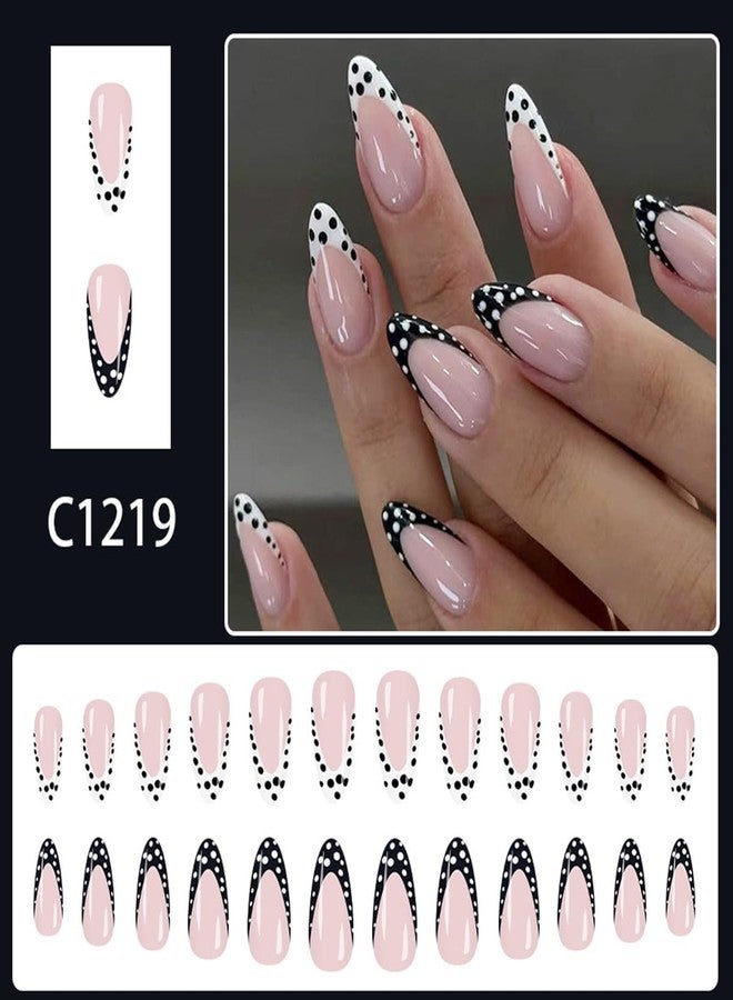 OSTTMA 24Pcs Polka Dot Press on Nails French Tip Fake Nails Medium Almond False Nail with Designs Black White Polka Dots Acrylic Nail Kit Full Cover Stick on Nails for Women Manicure Decoration - Image 2